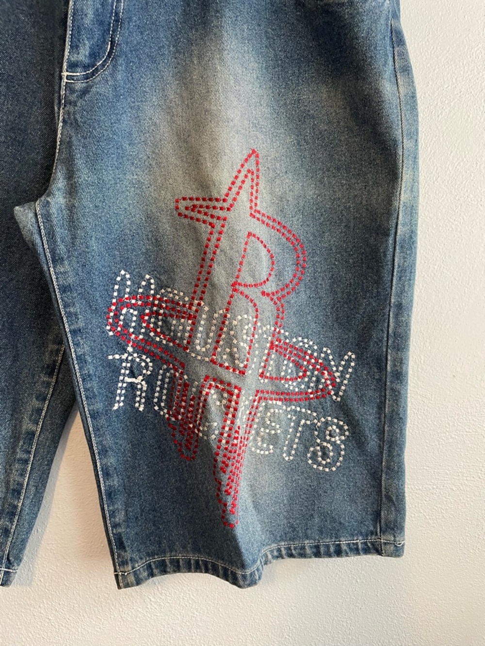 Men's Blue Denim Jean Shorts with Red Rockets Logo - Picture 13 of 14